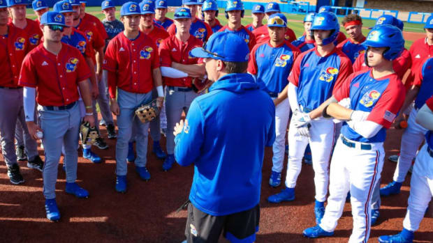 Kansas Jayhawks Baseball Head Coach Dan Fitzgerald addresses the team after a scrimmage.